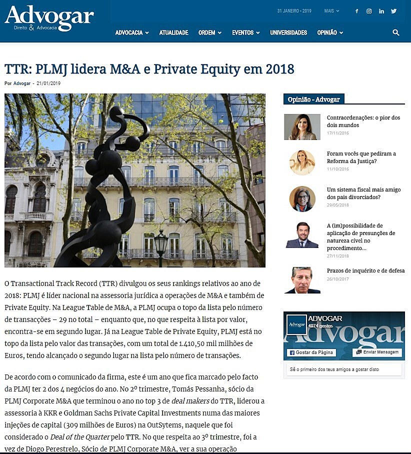 TTR: PLMJ lidera M&A e Private Equity em 2018